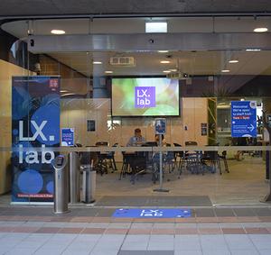 The glass front doors of the LX.lab