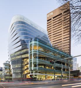 The glass-encased UTS Central on Broadway, next to the UTS Tower